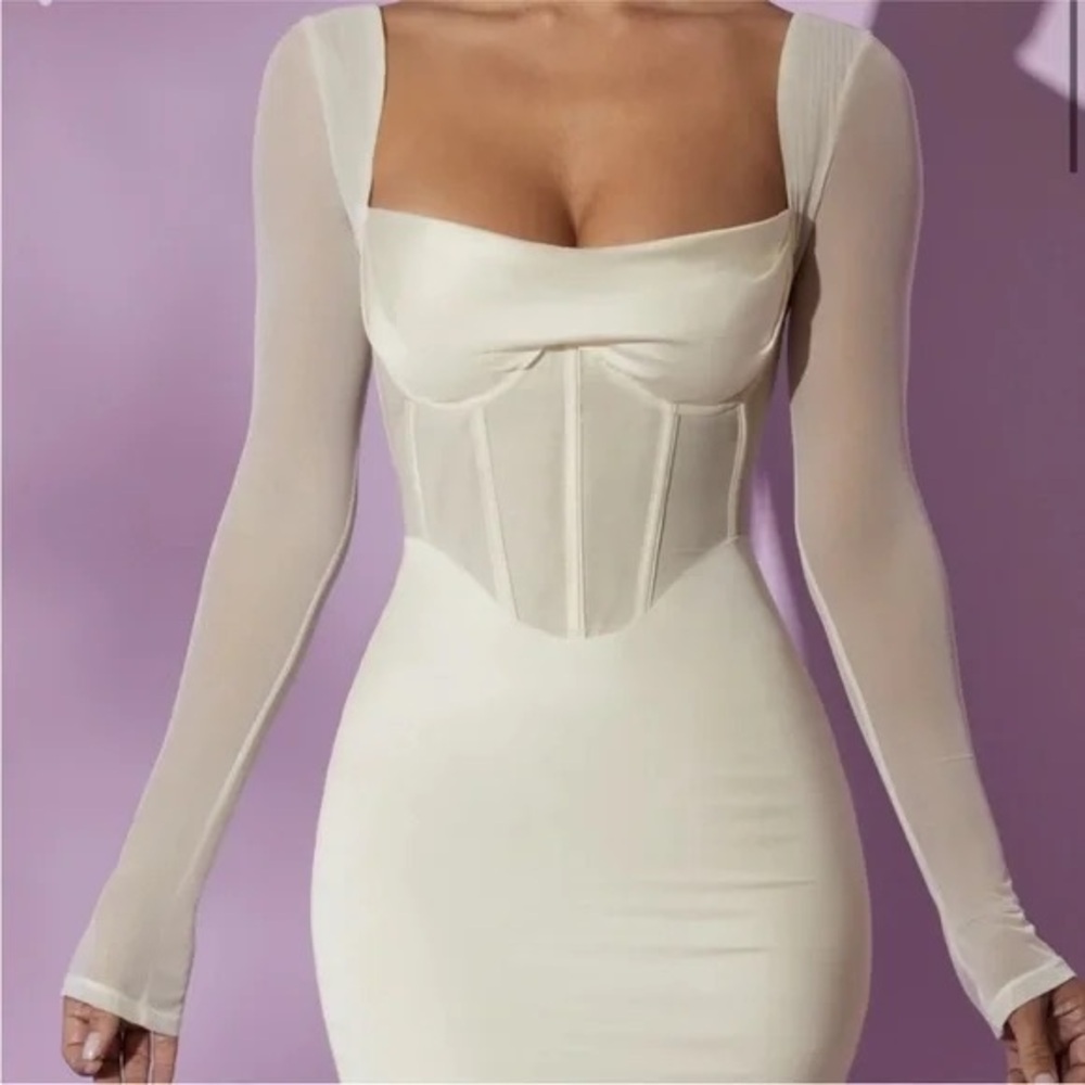Oh Polly Ivory Sheer Sleeve Bustier Slip Dress - Picture 2 of 6